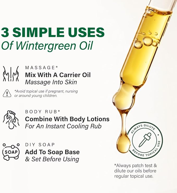 100% Pure Wintergreen Oil - 3.40 Fl Oz Wintergreen Essential Oil for Hair, Skin, Diffuser, Aromatherapy & DIY Soap Making Scent
