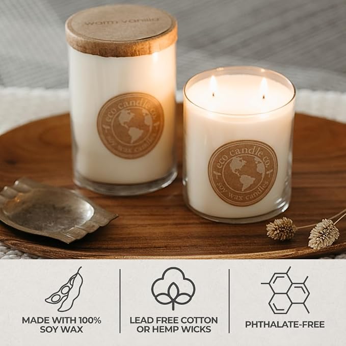 Eco Candle Co. Recycled Candle, Warm Vanilla, 18 oz. Double Wick - Scents of Rich Vanilla - 100% Soy Wax, No Lead, Kraft Paper Label & Lid, Hand Poured, Phthalate Free, Midwest Grown Soybeans