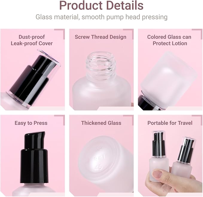 Segbeauty 0.5oz Empty Frosted Glass Travel Size Pump Bottle, 3pcs Matte Translucent Lotion Bottle Refillable, 15ml Travel Toiletry Bottles for Creams Liquids, Empty Cosmetic Skincare Container