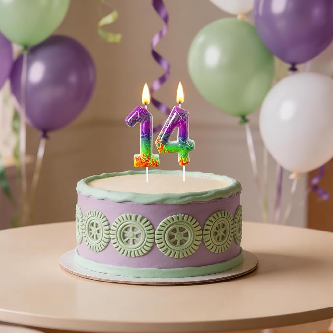 Number 4 Birthday Candle for Cake – Purple Green Flame Design with Lightning & Tire Track Pattern – Off-Road Truck Theme Cake Topper for Birthday Party Decoration
