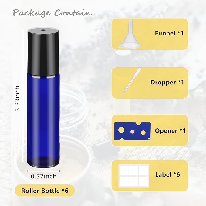 10ML Essential Oil Roller Bottles, 6 Pack Blue Oil Roller Bottles for Essential Oils, Roll on Bottle with Stainless Steel Balls(6 Labels, Opener, Funnel, Dropper Included)
