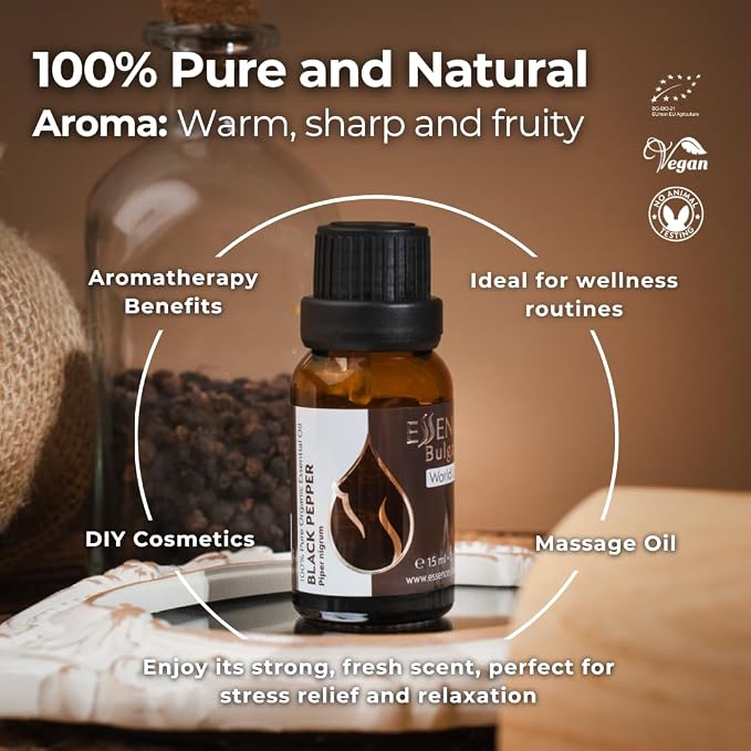 Essences Bulgaria Organic Black Pepper Essential Oil 0.51 Fl Oz | 15ml Piper nigrum - 100% Pure Natural Undiluted Therapeutic Grade for Aromatherapy Humidifier and Relaxing Massage to Ease Joint Ache