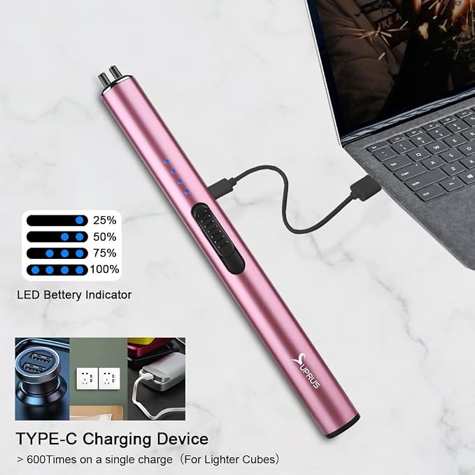 SUPRUS Electric Arc Windproof Flameless USB Rechargeable Lighter with Safety Lock for Candle (Pink)