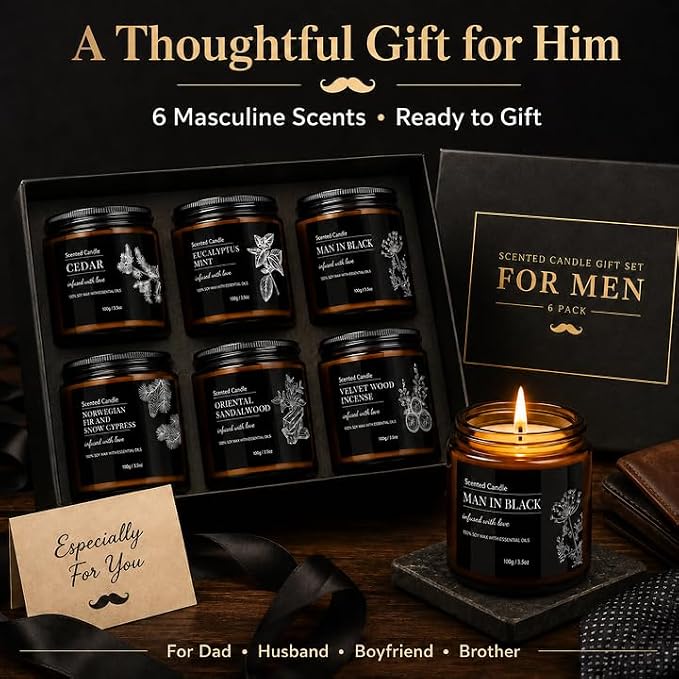 Scented Candles for Men, 6 Pack Soy Candle Gift Set, 150 Hour Burn Time, Sandalwood Cedar Aromatherapy Candles Gifts for Birthday Christmas for Men Dad Husband Boyfriend