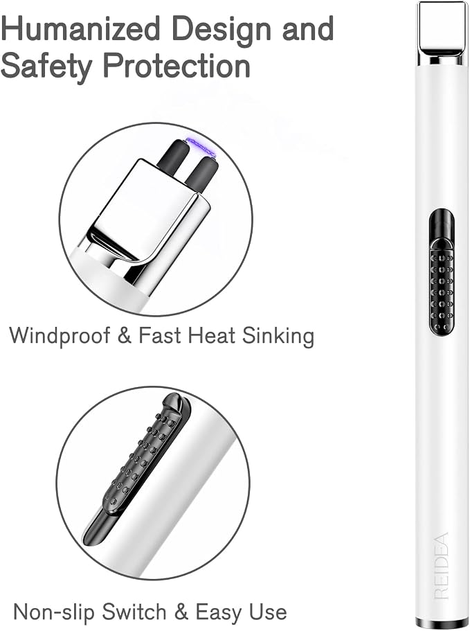 REIDEA USB Candle Lighter, Windproof Flameless Electronic Rechargeable with Safety Protector Button for Home Candle Outdoor Activities (White)