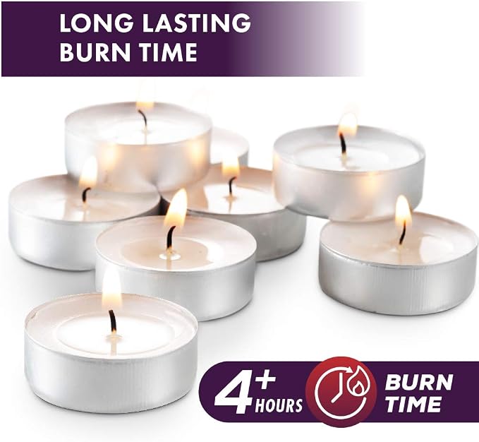 MontoPack Unscented Tea Light Candles 100 Pack | 4 hours, White, Smokeless, Dripless Small Votive Paraffin Tealights | Long-Lasting for Home, Shabbat, Weddings, Events, Emergencies | Mini Candles Bulk