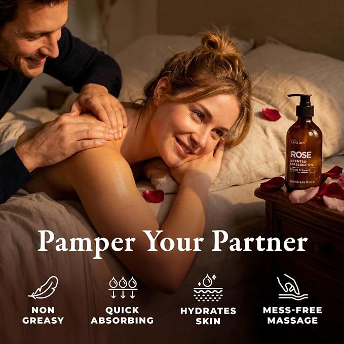 Gya Labs Rose Massage Oil - 6.76 Fl Oz - Delivers Deep Relaxation with Luxurious Feel, Offers Deep Hydration for Skin - Made with Authentic Rose Otto, Non-Greasy Formula, Non-GMO and Cruelty-Free