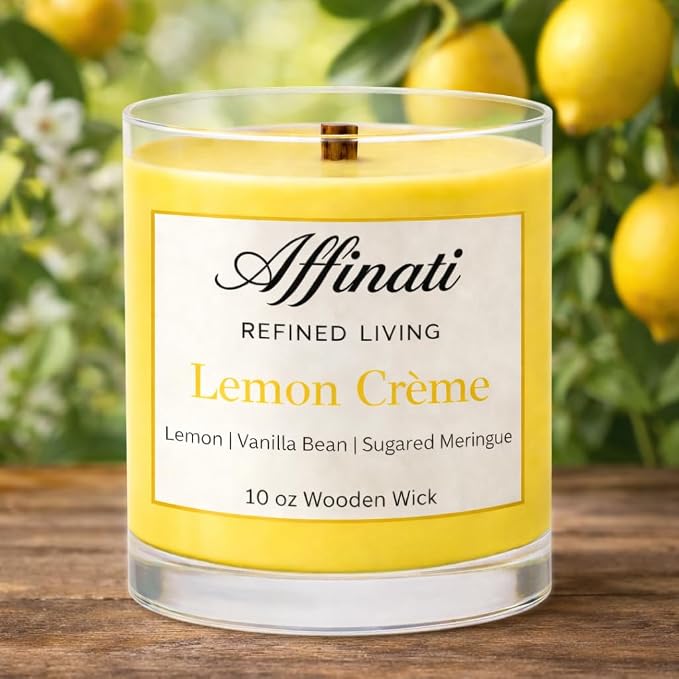 Affinati Lemon Creme Scented Candle, 10 oz Wooden Wick Tumbler Jar – Sweet Citrus Gourmand Aromatherapy, Clean Kitchen Soy Blend Gift