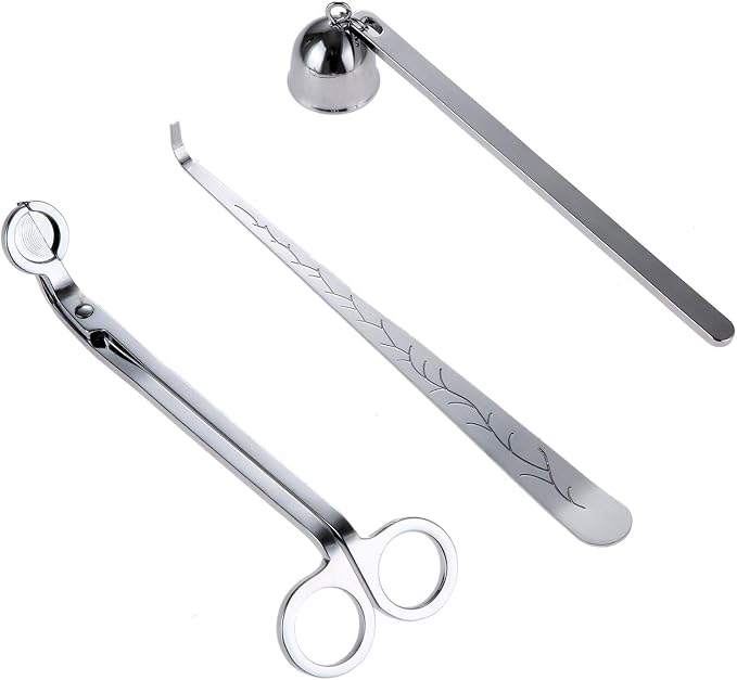 MUXSAM 3 in 1 Candle Accessories Set, Candle Wick Trimmer, Candle Snuffer, Candle Wick Dipper, Candle Wick Cutter Tools Set for Candles Lovers, Family, Party(Silver)