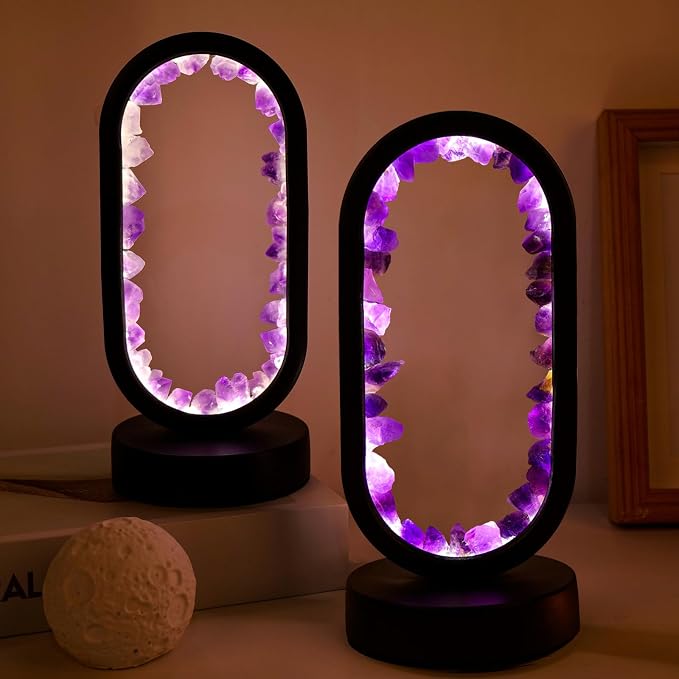 Runyangshi Crystal Lamp - Amethyst Tooth Ellipse Night Light with USB Port, 3 Colours Mode Table Lamp for Bedroom, Bedside, Office, Home Decor, Gift