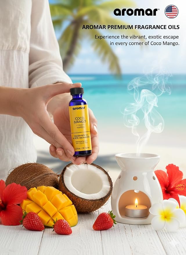 AROMAR Premium Fragrance Oil, Pack of 3 Coco Mango 2oz. Bottles. Long Lasting Aromatic Scent, Fresh and Revitalizing Aromatherapy for Living Room, Bedroom, and Kitchen