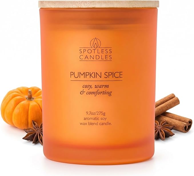 Pumpkin Spice Candle; 9.7 oz:, 55 Hrs Burn Time, Soy Wax Orange Frosted Jar with Crackling Wooden Wick & Luxury Gift Box: Pumpkin Spice Scented Candle by Spotless Candles