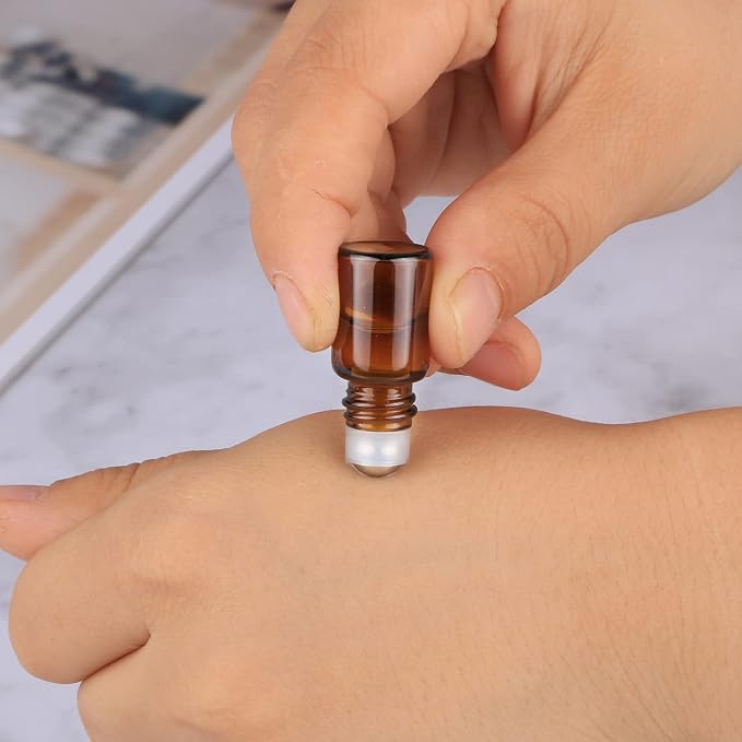 25 Pcs Essential Oil Glass Roller Bottles Mini Tiny Refillable Empty Aromatherapy Perfume Liquid Amber Glass Roll On Bottles Vials Metal Rollerball Bottles Jar (2ml)