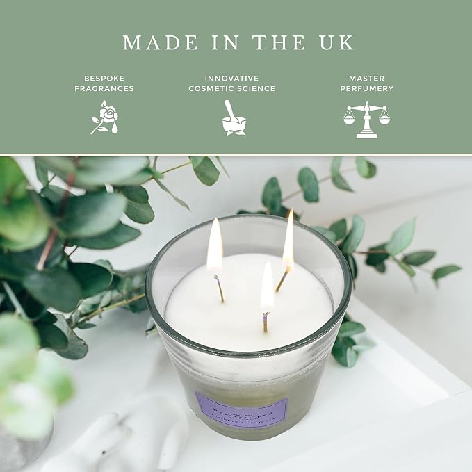 Pecksniffs Lavender & White Tea Scented Candle | Elegant Glass Vessel with Metal Lid Candles for Home Scented | 3 Wick Candles, 550g/19.4oz