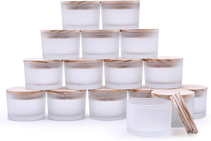 SHOWIN Thick Candle Jars for Making Candles 16 Pcs, 4 OZ Empty Jars with Wood Lids for Candle Making, Sample Container - Dishwasher Safe,Frosted White