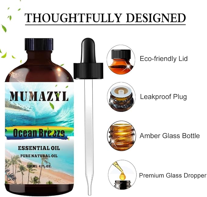 Ocean Breeze Essential Oil, Ocean Breeze Oil 4 Fl Oz 120ML for Diffuser Humidifier Yoga Cleaning DIY Candle Soap Making MUMAZYL Essential Oils