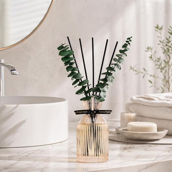 Airkeep Reed Diffuser Set 6.76 oz – Clean Linen Decorative Home Fragrance with Eucalyptus Sticks, Ribbed Glass Diffuser for Bathroom & Bedroom Décor, Gift Ready