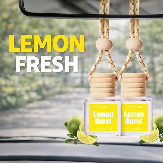 Hanging Car Air Freshener 2 Pack, Lemon Scent Essential Oil Car Diffuser Bottle, Refillable Hanging Auto Aromatherapy Freshener, Long Lasting Odor Eliminator for Car, Truck, SUV
