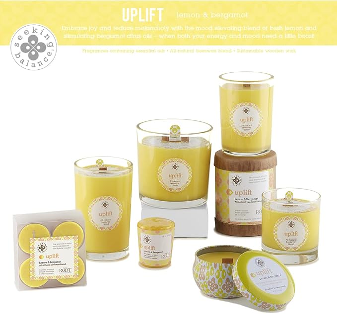 Root Candles Seeking Balance Wood Wick Spa Candle Aromatherapy Candles, 6.5-Ounce, Uplift: Lemon & Bergamot