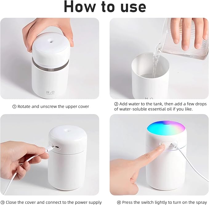 USB Essential Oil Diffuser with 6 Oils, Portable Ultrasonic Aromatherapy Diffuser for Home & Car, Cool Mist, 7-Color LED Night Light, Auto Shut-Off, One-Button Control,3 Colors (White)