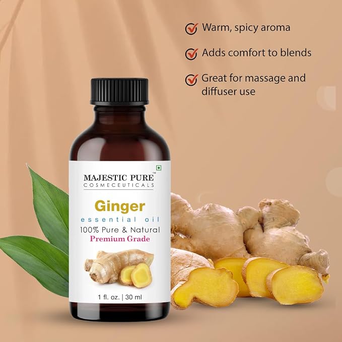Majestic Pure Essential Oil with Glass Dropper - 100% Pure and Natural - Essential Oils for Diffuser, Aromatherapy, Soap and Candle Making, Ginger Essential Oil, Ginger Oil, 1 Fl Oz