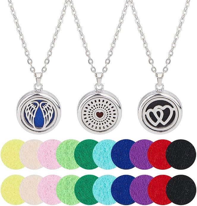 3 Sets Aromatherapy Essential Oil Diffuser Necklace 3 Styles Diffuser Stainless Steel Oil Pendant with Felt Pads Wing and Heart Aromatherapy Locket Necklaces Gift for Woman Men