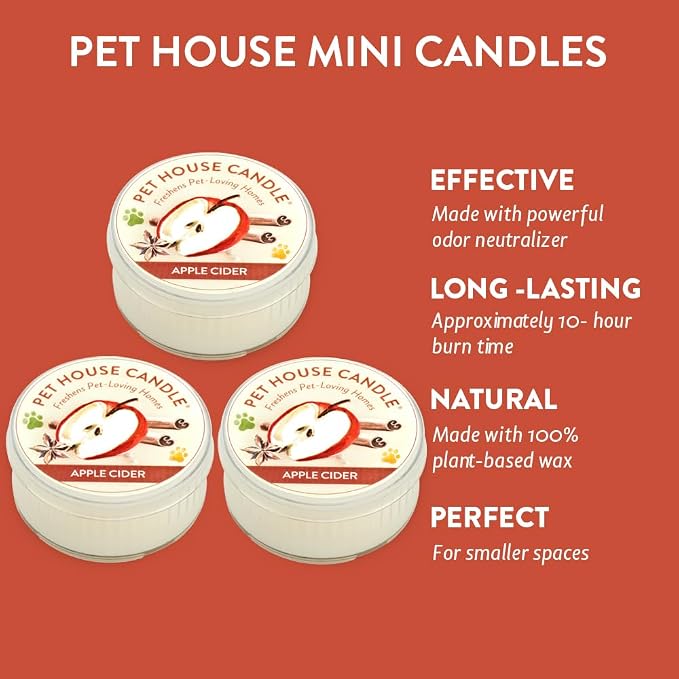 Pet House Mini Candles for Pet Odor Made with Natural Soy Wax, Plant Based, Dog and Cat Friendly Scented, Apple Cider Pack of 3