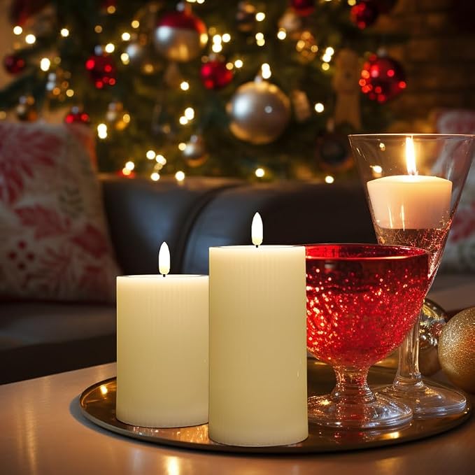 ANGELLOONG Battery Operated Candles with Remote, LED Flameless Candles Flickering with Timer, Fake Electric Pillar Candles for Holiday Party Christmas Home Decor, Wavy