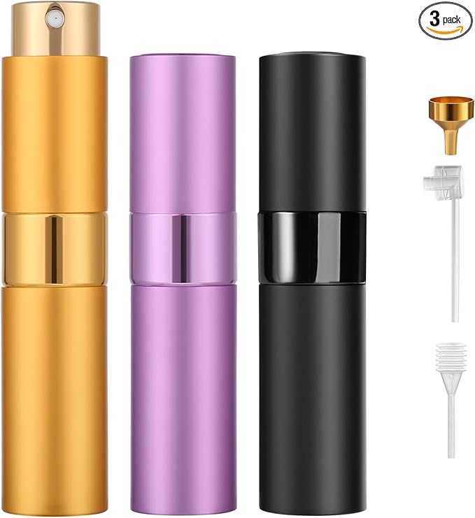 Perfume Travel Refillable Atomizer 8ML (3PCS) - Empty Cologne Spray Bottle, Portable & Leakproof Sprayer for Travel (Purple, Black, golden)