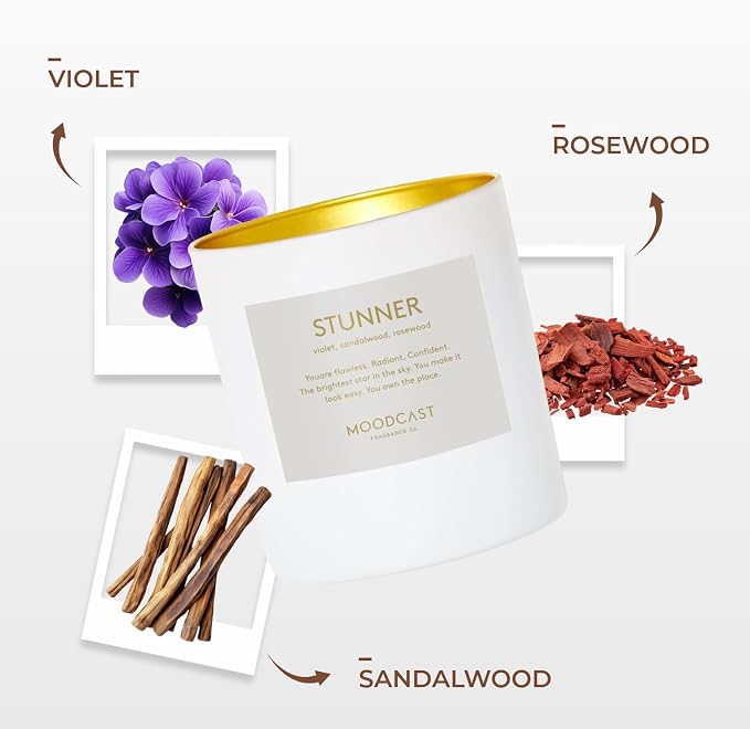 Moodcast Stunner Scented Candle - Aesthetic Candle for Home, Sandalwood, Violet & Rosewood, Clean Coco Wax Blend, Vegan, Paraben Free, 45-Hour Long Lasting Burn - 8oz