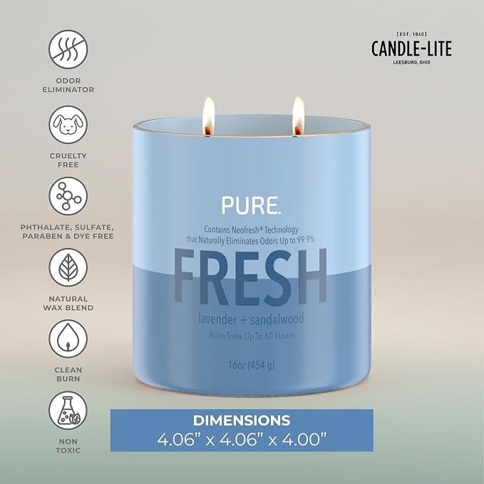 Candle-Lite Pure Lavender & Sandalwood Odor Eliminating Scented Candles, Neofresh Technology Eliminates 99.9% of Odors, 16 oz 2-Wick Jar, Proudly Poured in The USA, Up to 60 Hours Burn Time
