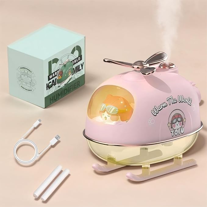 Cute Duck Pilot Desktop Mini Humidifier with LED Night Light, 300ml Essential Oil Diffuser with Rotatable Propeller, Portable Cool Mist Humidifier for Bedroom, Office, Car, Travel (Pink)