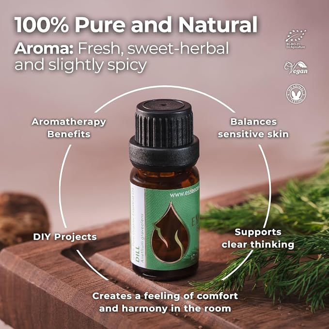 Essences Bulgaria Organic Dill Essential Oil 1/3 Fl Oz | 10ml | Anethum graveolens | 100% Pure and Natural | Undiluted | Therapeutic Grade | Family Owned Farm | Steam-Distilled | Non-GMO