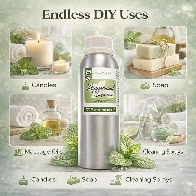 Peppermint Essential Oil – 100% Pure Mentha Piperita – GreenHealth – 8 fl oz (237 ml) Aluminum Bottle with Plug Cap – Aromatherapy, Diffusers, DIY, Candles, Fresh Home Scent