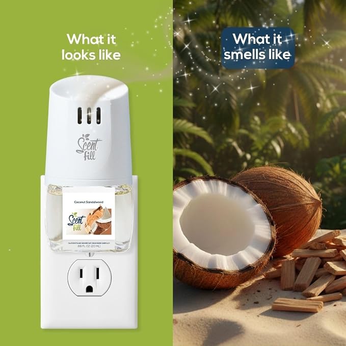 Scent Fill Coconut Sandalwood Plug in Air Freshener, Scented Oil Refills, 2 Refills + Diffuser