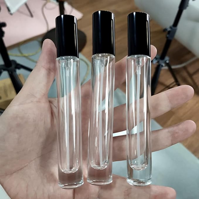 5pcs 10ml 1/3oz Black Silver Metal Spray Bottle Refill Perfume Hydrating Fragrance Fine Mist Atomizer Cosmetic Container Round Tube Party Makeup Tool Travel Gift Sample