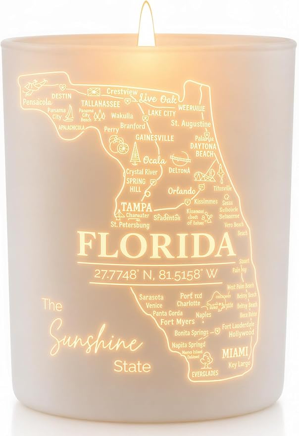 Florida Gifts - Glow-Through Engraved Candle - w/Tropical Fruits & Sugared Citrus Soy Candle I Florida Decor for Home I Florida Souvenirs I Florida State Gifts I 9oz Jar, 50Hr Burn, USA Made