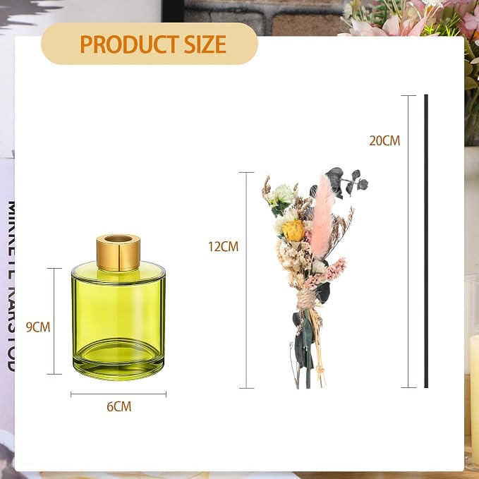 Rtteri 2 Reed Diffuser Sets Flower Oil Diffuser Sticks with Refill Empty 5oz Bottles Scent Glass for Fragrance Home Bathroom Gifts, Oil Not Included (Green Color)