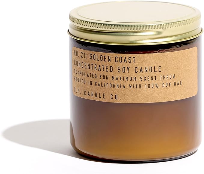 P.F. Candle Co. Golden Coast Classic Large Concentrated Scented Soy Wax Candle (12.5 oz) 60-70 Hour Burn Time, Amber Glass Jar, Made in the U.S.A.