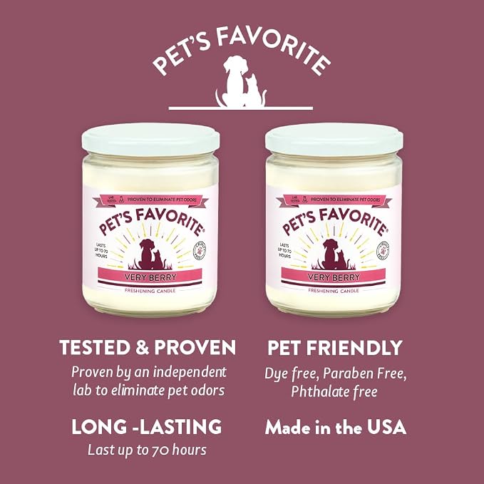Pet's Favorite Pet Odor Candle, Clean Burning, Long Lasting Scented Candles with a Natural Fiber Wick and 70 Hour Burn Time, Very Berry Pack of 2