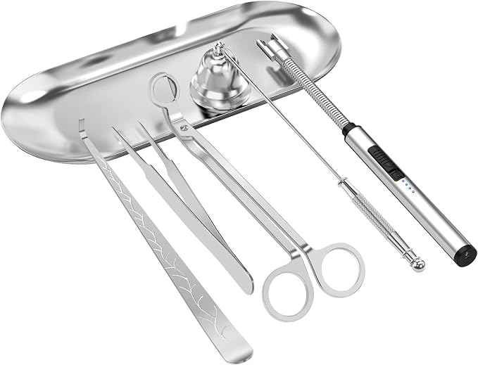 6 in 1 Candle Accessory Set,Candle Wick Trimmer Cutter,Candle Wick Dipper,Candle Wick Snuffer, Rechargeable Candle Lighter,Storage Tray Plate,Tweezers,Stainless Steel Candle Care Kit Home Gift