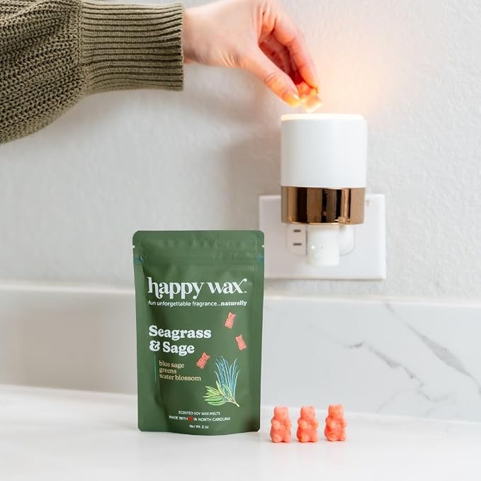 Happy Wax Seagrass & Sage Scented Bear Wax Melts - Natural Strong Scented Summer Melts Infused w/Essential Oils - Non Toxic & Pet Safe - (8 oz Pouch)