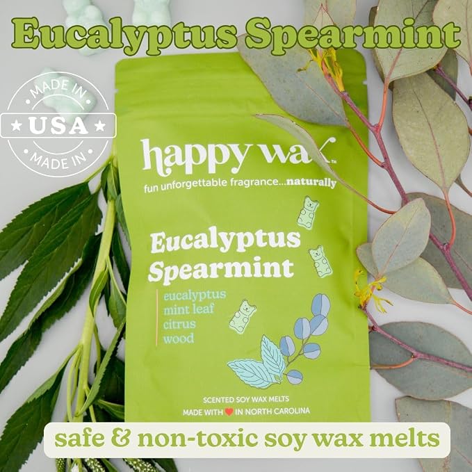 Happy Wax Eucalyptus Spearmint Scented Bear Wax Melts - Natural Strong Eucalyptus Scented Wax Melts Infused w/Essential Oils - Non Toxic Soy Wax for Warmers (8 oz Pouch)