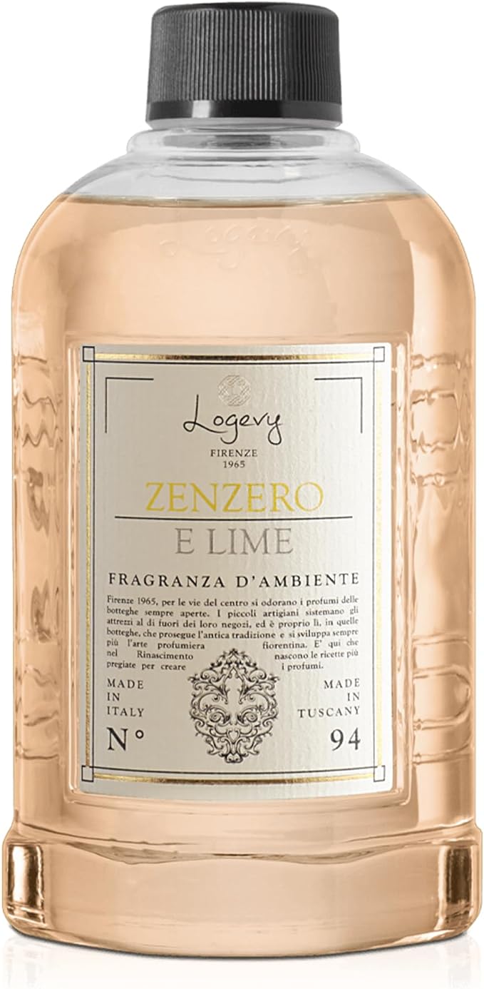 Logevy Firenze 1965 Zenzero e Lime – Ginger & Lime Luxury Home Fragrance Diffuser Refill from Master Perfumer in Italy with Spicy, Floral & Fruity Notes in Clear PET Bottle – 500ml