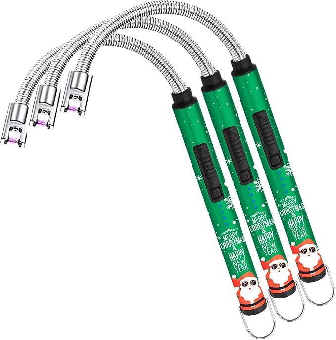 SUPRUS Electric Candle Lighter USB Type C Rechargeable Lighter Steel Shell & Hanging Hook with 360° Flexible Neck(Christmas Green, 3)