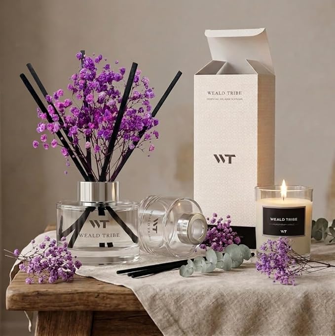 WEALD TRIBE Flower Reed Diffuser Set Lavender Scent for Bathroom Accessories Shelf Decor & Air Fresheners, Sticks Defusers with 5.1 fl oz Essential Oils & Leaves, House Bedroom Office Decor & Gifts