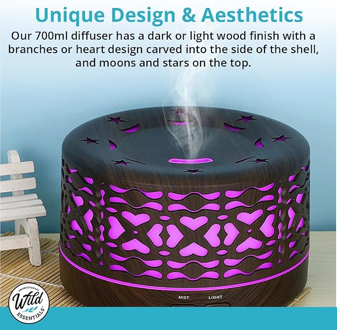 Wild Essentials 700ml Designer Large Room Essential Oil Diffuser, 5 in 1 Ultrasonic Aromatherapy Vaporizer Cool Mist Humidifier, Home, Office, Bedroom, Timer, Auto-Off, 7 Color LED (Wood and White)