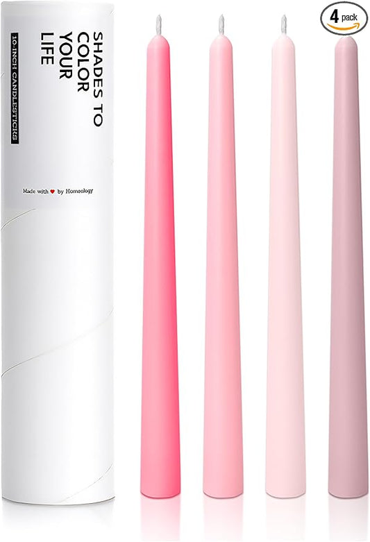 10" Classic Taper Candles, Muted Pink Shades, 4-Pack, 7-8 Hours Long Burning, Unscented Tall Candlesticks
