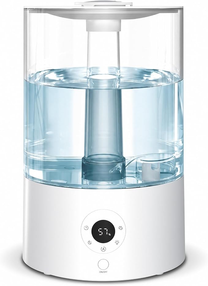 COWSAR Humidifier for Bedroom, 4L Top Fill Humidifier for Large Rooms, Easy Refill & Cleaning, Quiet 22dB, Baby Humidifier, Humidity Display, Up to 40H Runtime, Nightlight, Auto Shut-Off, White