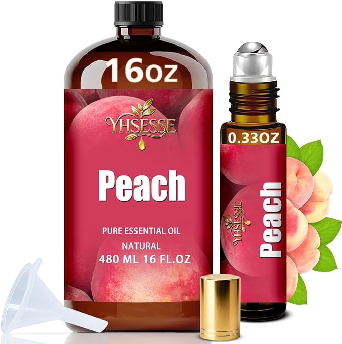 Peach Essential Oil, Peach Oil 16 Fl Oz 480ml for Diffuser Yoga Soap & Candle Making – with 0.33 Oz Roller Ball & Funnel YHSESSE Essential Oils